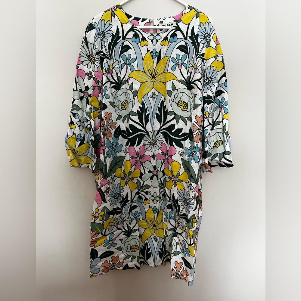 Boden Long Sleeve Floral Linen Dress Women’s size 14 NWT
